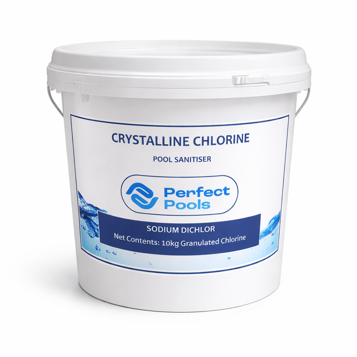Perfect Pools crystalline chlorine 10kg bucket with sodium dichlor pool sanitiser label on a white bucket against a light background