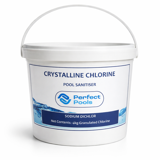 Perfect Pools crystalline chlorine 4kg bucket with sodium dichlor pool sanitiser label on a white bucket against a light background