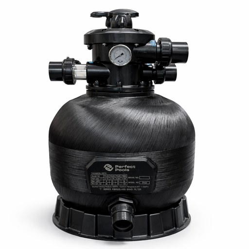 Perfect Pools black fibreglass pool sand filter with top mount multiport valve, pressure gauge and plumbing ports on a white background