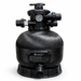 Perfect Pools black fibreglass pool sand filter with top mount multiport valve, pressure gauge and plumbing ports on a white background