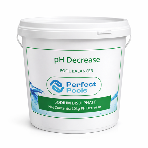 Perfect Pools pH decrease 10kg bucket with sodium bisulphate pool balancer label on a white bucket against a light background