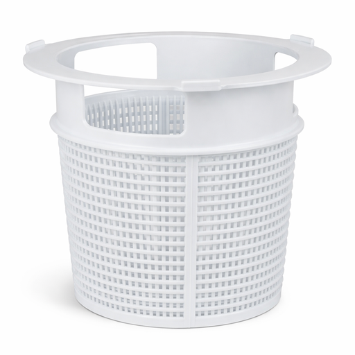 Poolrite pool skimmer basket with open top rim and mesh sides on a white background