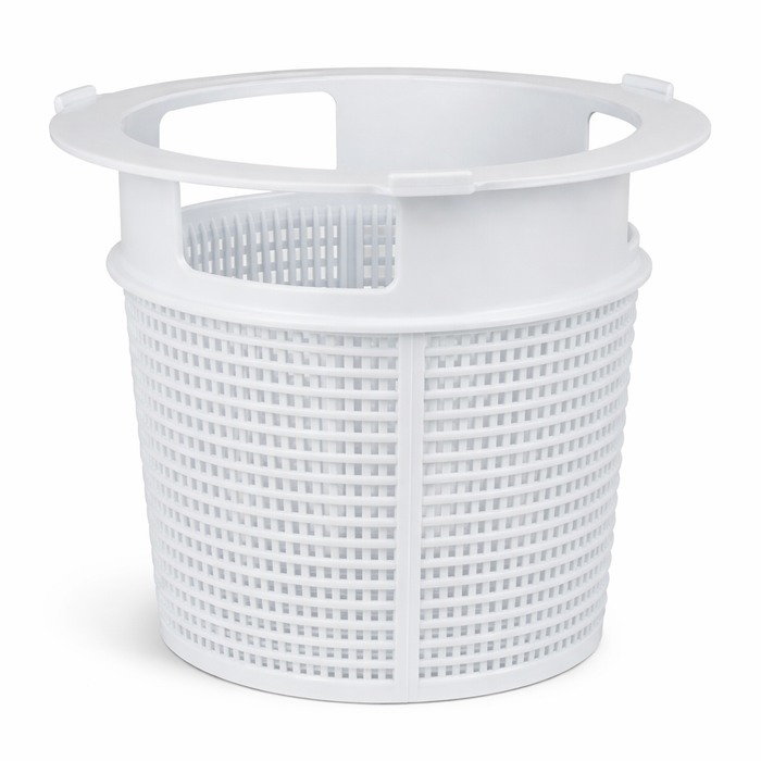 Poolrite pool skimmer basket with open top rim and mesh sides on a white background