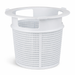 Poolrite pool skimmer basket with open top rim and mesh sides on a white background
