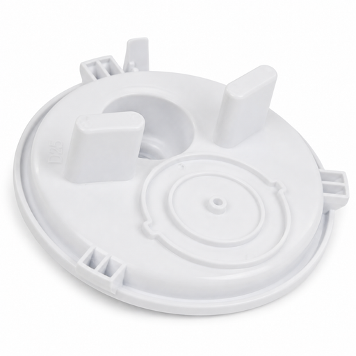 Poolrite S2500 white pool vacuum plate with central hose opening and raised locating tabs on a white background