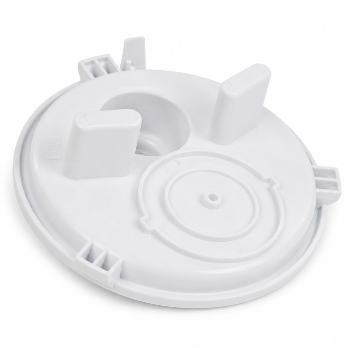 Poolrite S2500 white pool vacuum plate with central hose opening and raised locating tabs on a white background