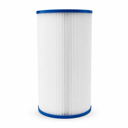 Trueform and Rotoform SQ50 spa filter standing upright with blue end caps