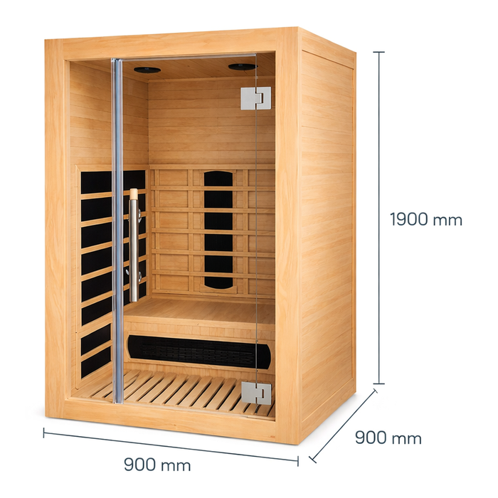1 person infrared sauna with glass door and dimensions shown as 900mm wide, 900mm deep and 1900mm high on a white background