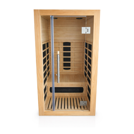 1 person infrared sauna with natural wood interior, black heater panels and full glass door on a white background