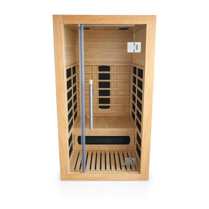 1 person infrared sauna with natural wood interior, black heater panels and full glass door on a white background