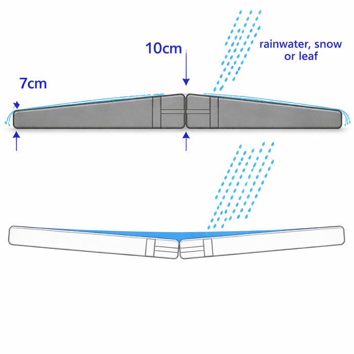 Technical diagram of a tapered spa pool cover, showing 10 cm centre height, 7 cm edge thickness and sloped water runoff design.