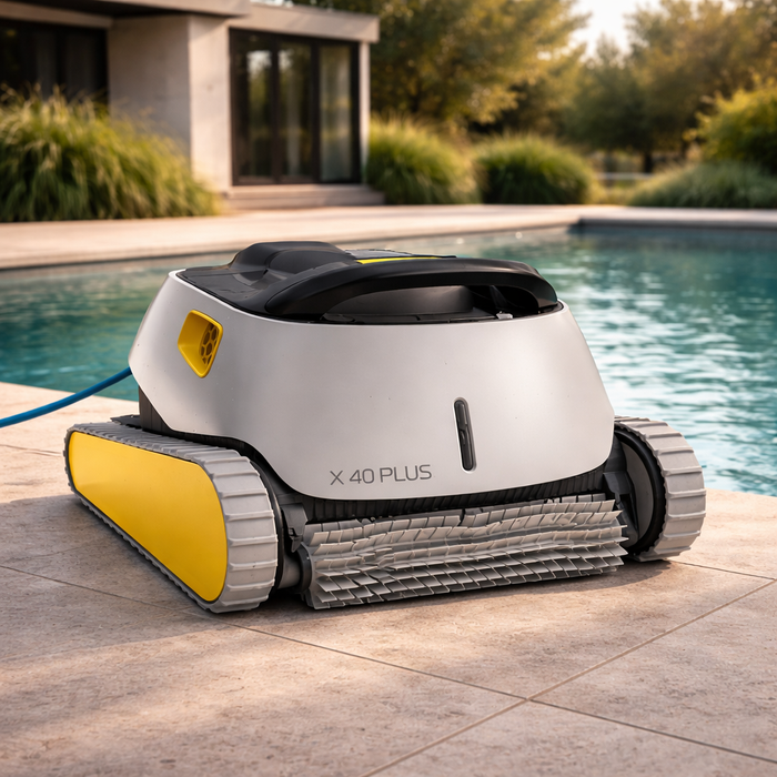 Dolphin X40 Plus robotic pool cleaner beside a swimming pool on a tiled patio