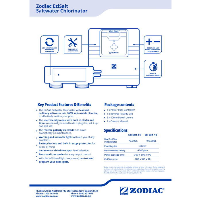 Zodiac Ezi Saltwater Chlorinator 40g – Perfect for Pools Up to 100,000L