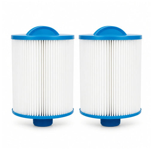 Two Alpine C18 spa filter cartridges with blue top grips and threaded bases, standing upright on white.