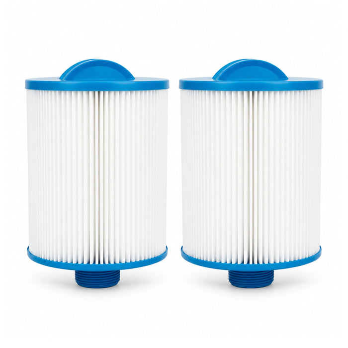 Two Alpine C18 spa filter cartridges with blue top grips and threaded bases, standing upright on white.