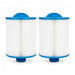 Two Alpine C18 spa filter cartridges with blue top grips and threaded bases, standing upright on white.