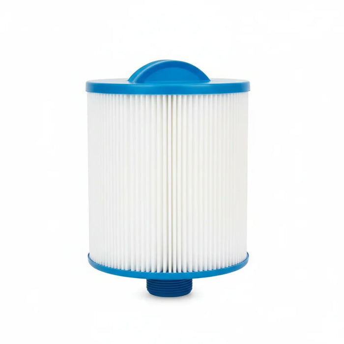 Alpine C18 spa filter standing upright with blue handle and threaded base