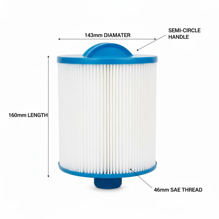 Alpine C18 spa filter diagram showing 143 mm diameter, 160 mm length and 46 mm SAE thread