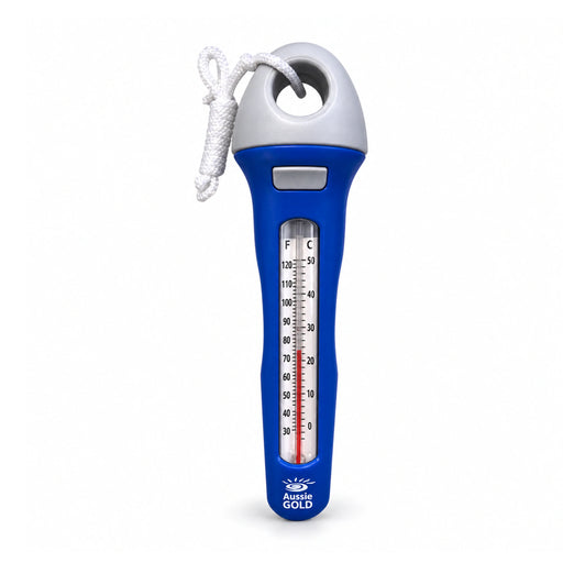 Blue and grey Aussie Gold floating pool and spa thermometer with a white tether cord and dual Celsius and Fahrenheit scale, shown upright on white.