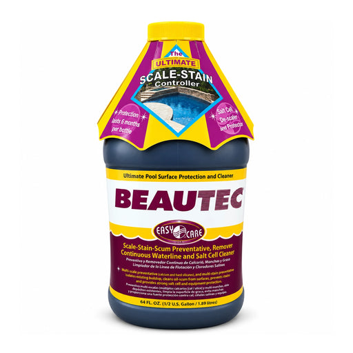Beautec 1.9L pool scale and stain preventative bottle with yellow cap and purple EasyCare label