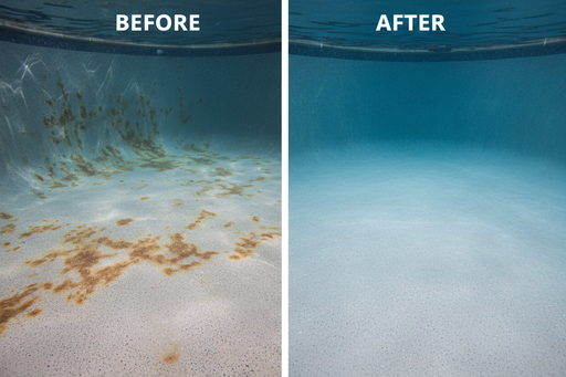 Before and after rust stain removal from pool surface