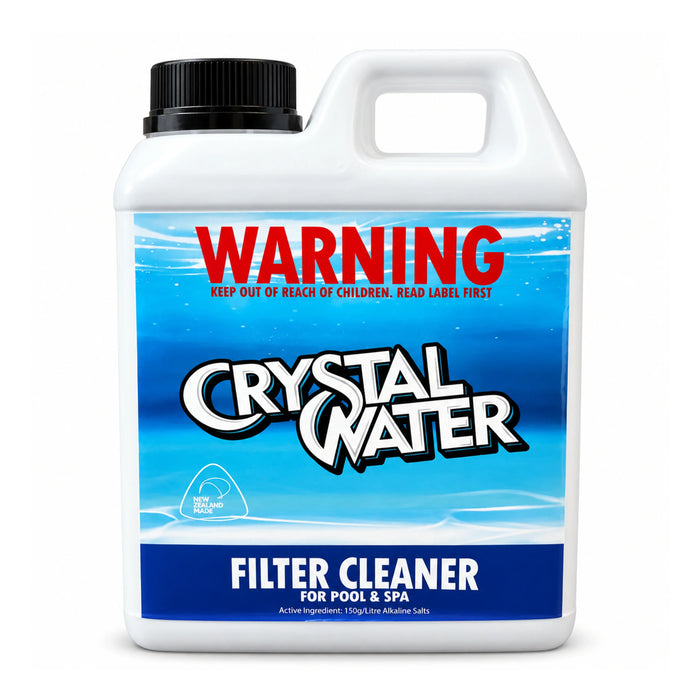 Crystal Water Filter Cleaner Soak 1L bottle with a black cap and blue label, shown on white.