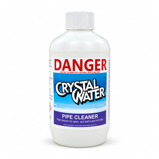 Crystal Water Pipe Cleaner 500ml bottle with a white screw cap and blue and purple label, shown upright on white.