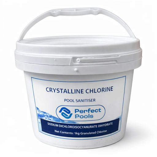 White bucket of crystalline chlorine pool sanitiser with 'Perfect Pools' branding on a white background