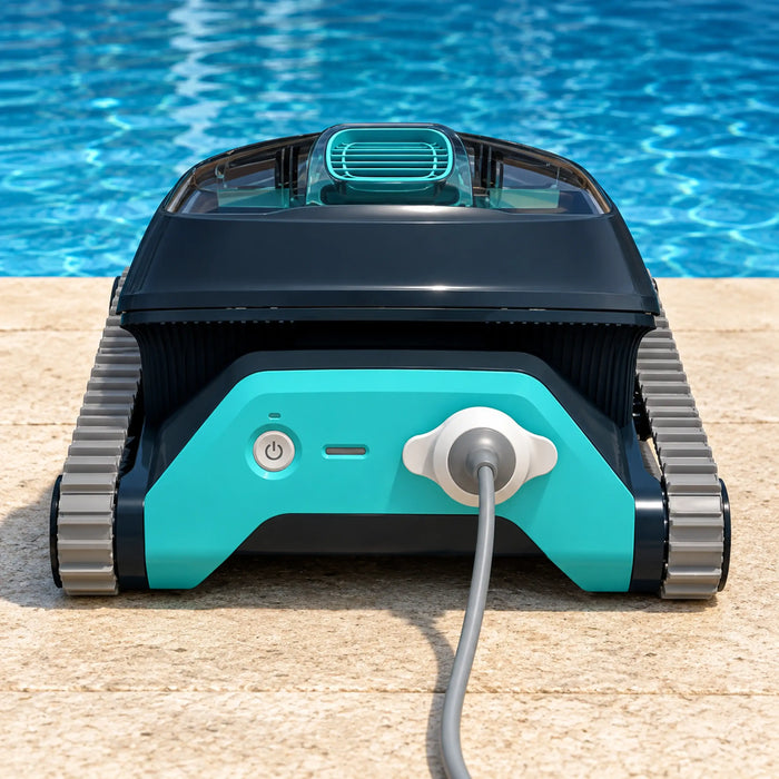 Rear view of the Dolphin Liberty 200 pool cleaner with its charging connector attached beside a swimming pool.
