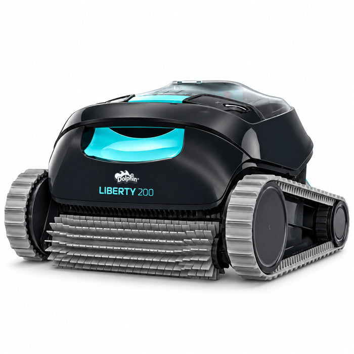 Dolphin Liberty 200 cordless robotic pool cleaner with turquoise handle, grey tracks and front scrubbing brush.