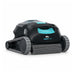 Black and turquoise Dolphin Liberty 400 cordless pool cleaner in a front three-quarter view, showing grey tracks and front brush.