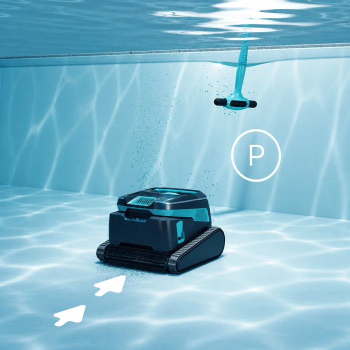 Dolphin Liberty 600 pool cleaner retrieval illustration with the Click-Up rattle above the water