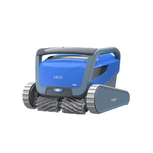 Blue and grey Dolphin M600 robotic pool cleaner showing its front brushes, tracks and carrying handle.