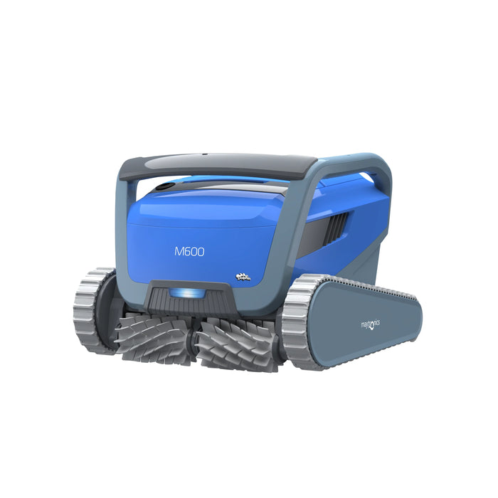 Blue and grey Dolphin M600 robotic pool cleaner showing its front brushes, tracks and carrying handle.