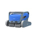 Blue and grey Dolphin M600 robotic pool cleaner showing its front brushes, tracks and carrying handle.