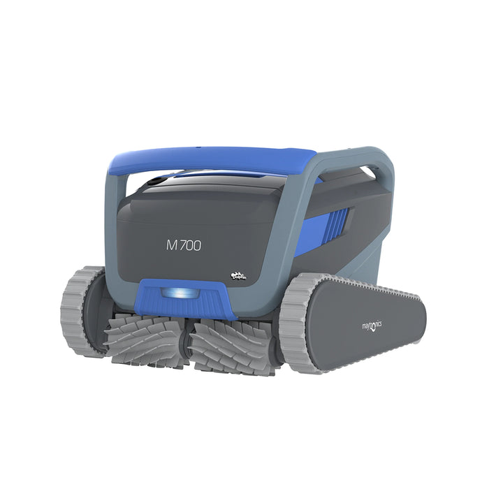 Grey and blue Dolphin M700 robotic pool cleaner showing its front brushes, tracks and carrying handle.