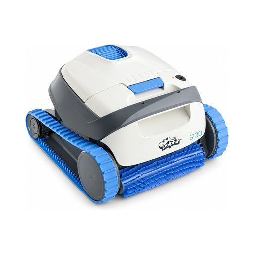 White and blue Dolphin S100 robotic pool cleaner showing its front brush, tracks and carrying handle.