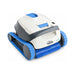 White and blue Dolphin S100 robotic pool cleaner showing its front brush, tracks and carrying handle.