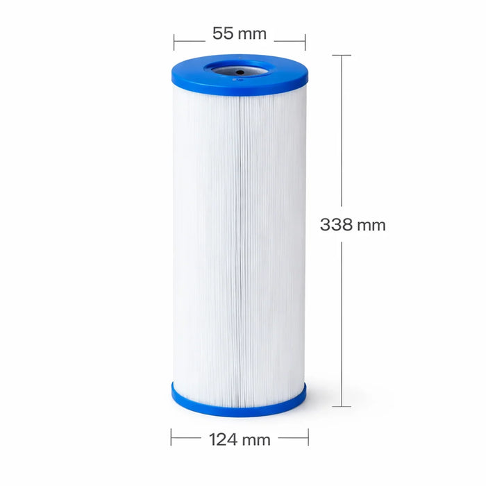 DX50 spa filter dimensions 338mm length 124mm diameter and 55mm top hole size technical measurement guide