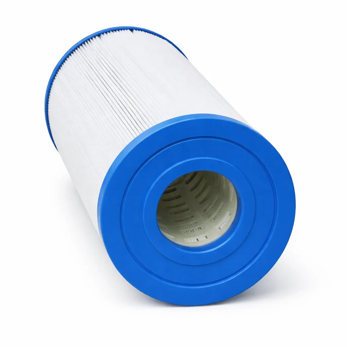 DX50 spa filter cartridge angled view showing pleated filtration material and internal core construction