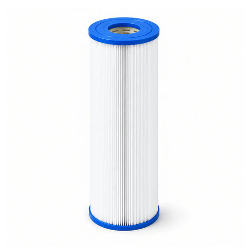 DX50 spa filter cartridge with blue end caps and a 55mm centre opening, standing upright on white.