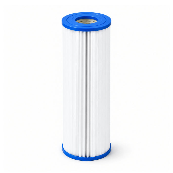 DX50 spa filter cartridge with blue end caps and a 55mm centre opening, standing upright on white.