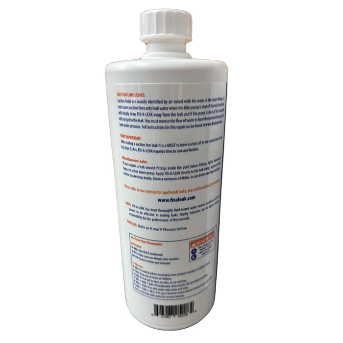 Rear label of Fix A Leak pool and spa leak sealer bottle on white background