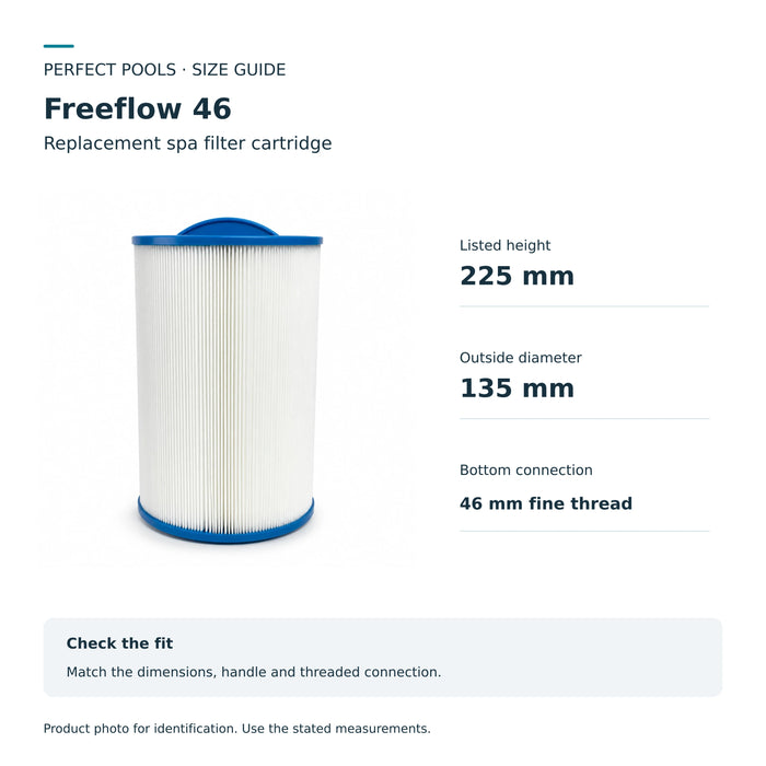 Freeflow 46 size guide: listed height 225 mm, outside diameter 135 mm, bottom connection 46 mm fine thread.