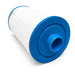 Freeflow 46 spa filter lying on its side, showing the threaded blue base
