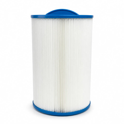 Freeflow 46 spa filter standing upright with blue handle and white pleats