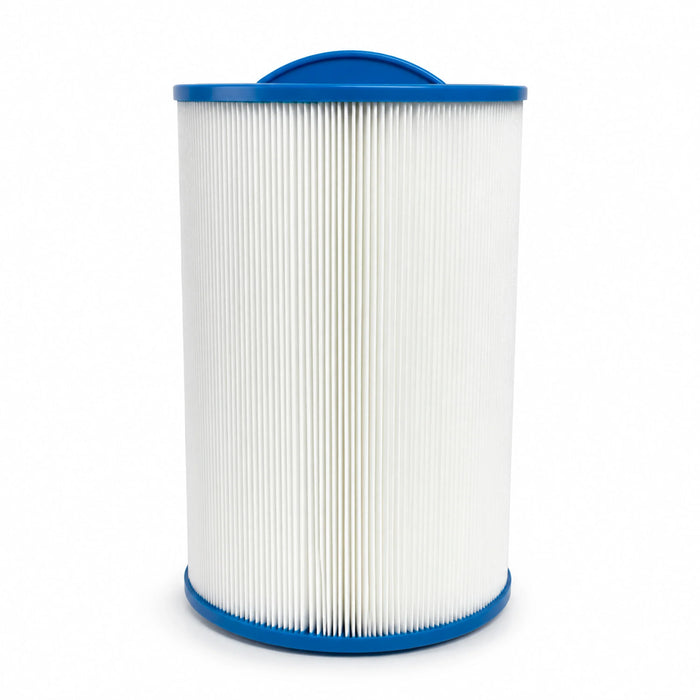 Freeflow 46 spa filter standing upright with blue handle and white pleats
