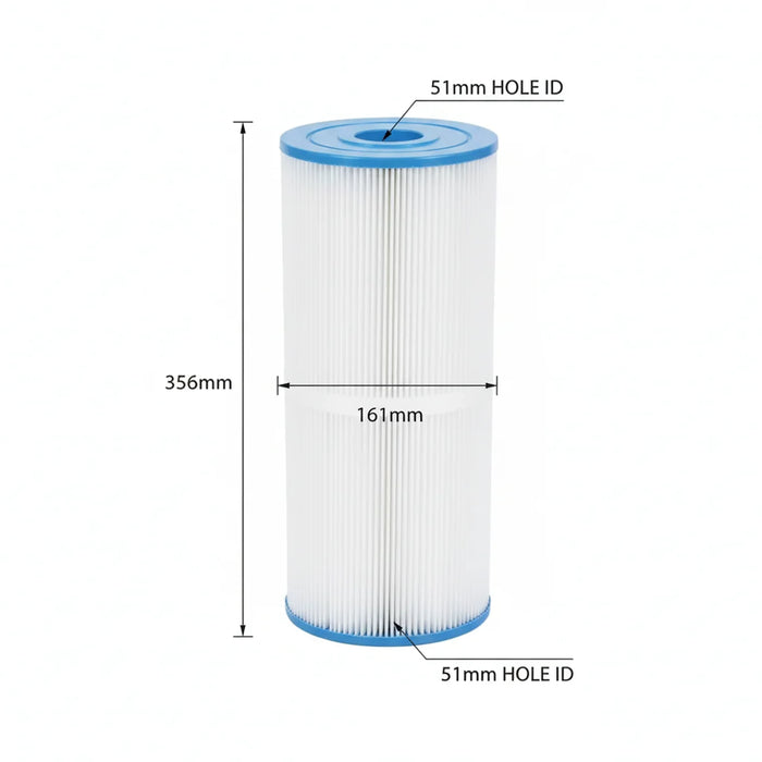 HotSpring C50 / HS50 filter diagram showing 356 mm height, 161 mm diameter and 51 mm openings