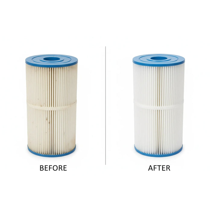 Illustration comparing a dirty HotSpring C50 / HS50 spa filter with a clean filter