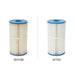 Illustration comparing a dirty HotSpring C50 / HS50 spa filter with a clean filter
